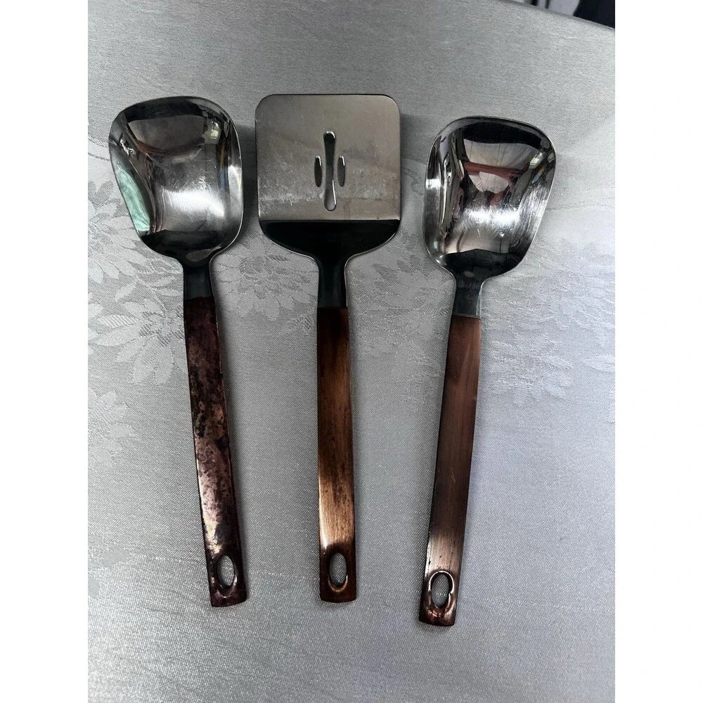 Crate & Barrel Copper Handle Stainless Steel Spoon Spatula Utensils 3 Pc Set